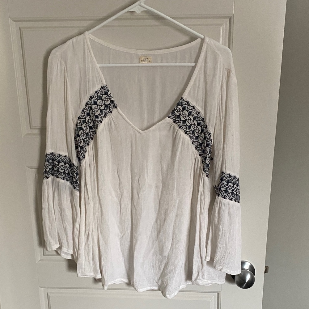 O'Neill White V-Neck Tunic with Navy Embroidered Accents